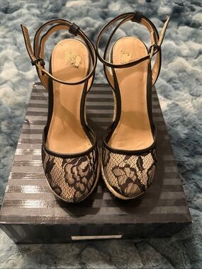 Victoria's Secret Black Lace Espadrille Wedges with Ankle Strap
